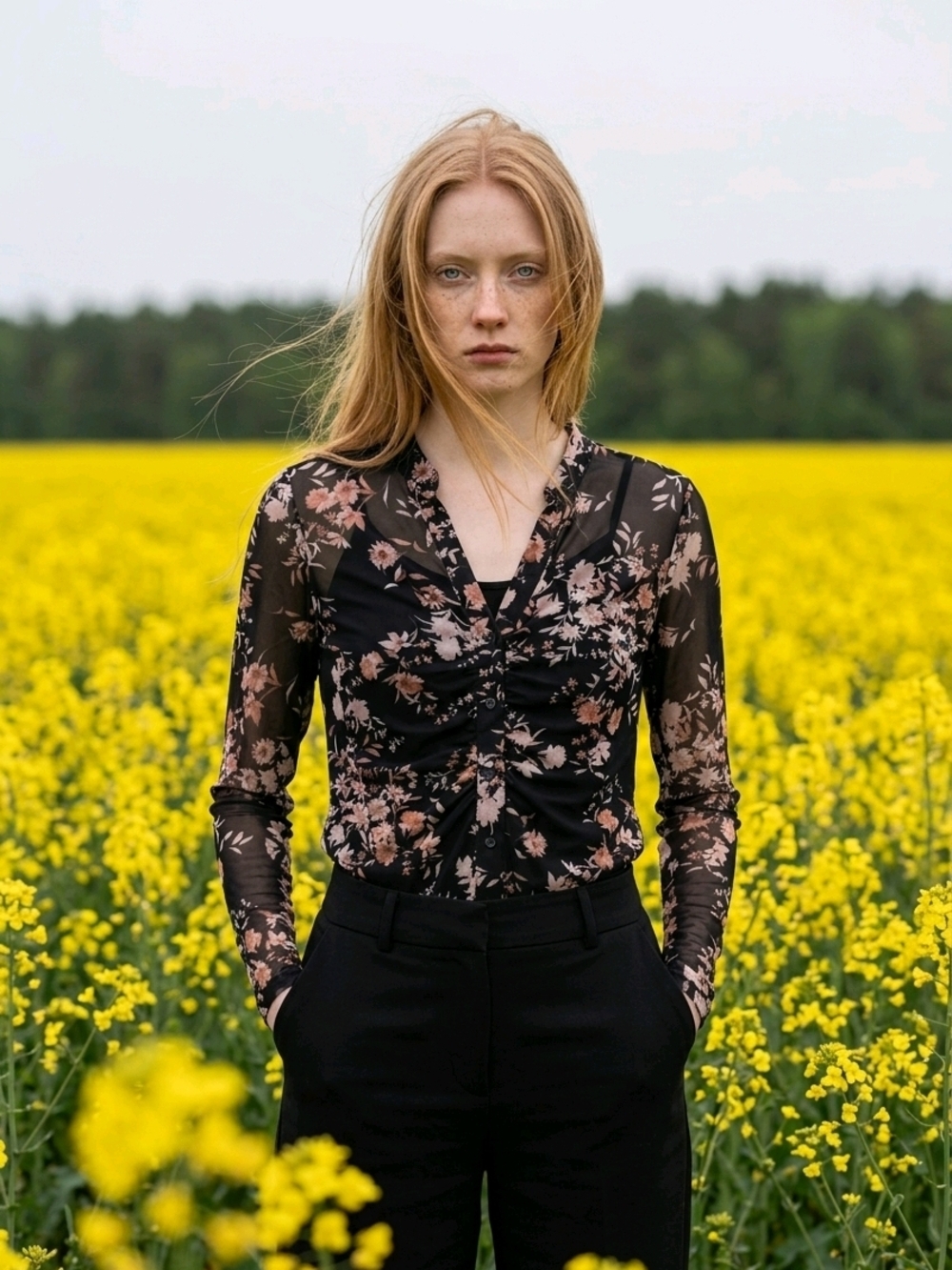 DR2 Sheer Black Long-Sleeve Floral Ruched Blouse